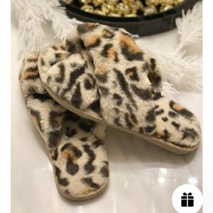 New Women's Fuzzy Cozy Cross Band House Slippers Soft Furry Leopard Fur Open Toe